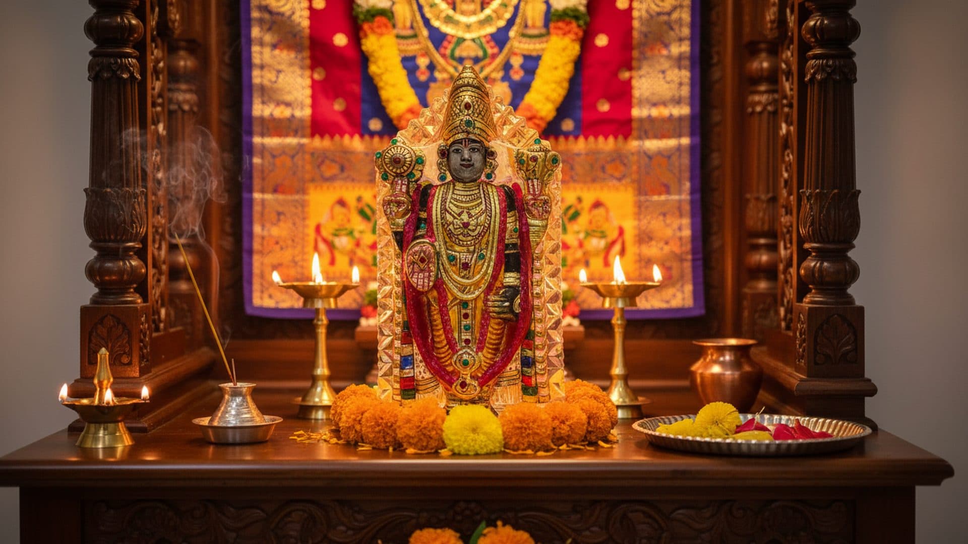A home mandir lit with diyas and marigolds